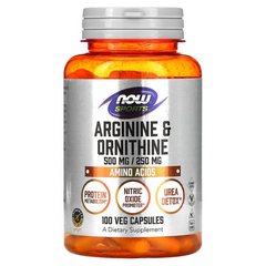 Now Foods, L-аргинин + L-орнитин, 500/250 мг, 100 вегетарианских капсул (NOW-00040), фото