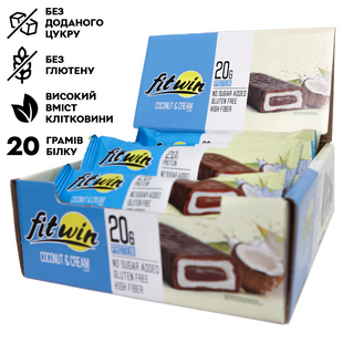 FitWin, Протеїновий батончик, Protein Bar 33%, кокосовий крем, 60 г, 12 шт (FTW-23024), фото