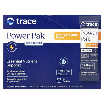 Trace, Power Pak, електроліти для підвищення витривалості, без цукру, апельсин та манго, 30 пакетиків по 6,1 г (TMR-00625), фото