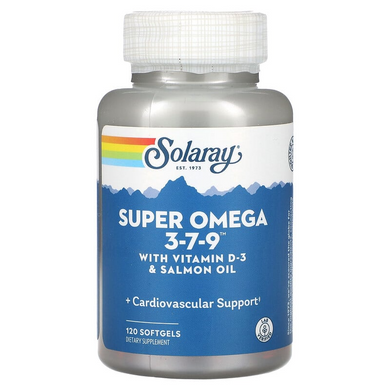 Solaray, Super Omega 3-7-9 з вітаміном D3 та олією лосося, 120 м'яких таблеток (SOR-61009), фото