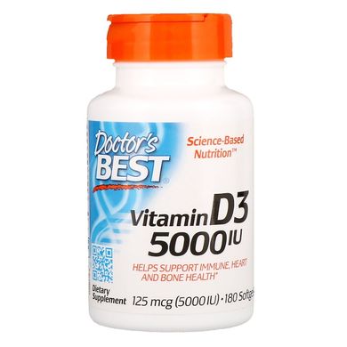 Doctor's Best, Вітамін D3, 125 мкг (5000 МО), 180 м'яких желатинових капсул (DRB-00218), фото