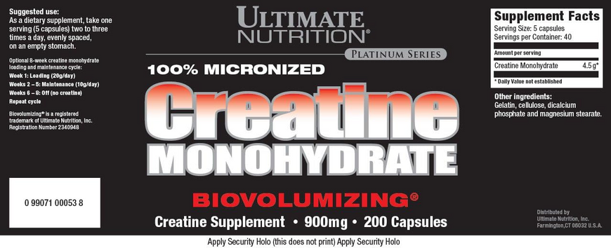 Ultimate Nutrition, Biovolumizing, Креатин моногидрат, 900 мг, 200 капсул (ULN-00053), фото