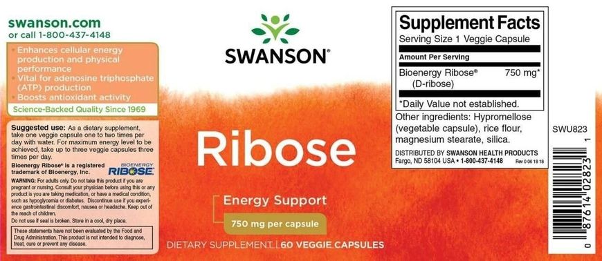 D-Рибоза, Ultra Ribose, Swanson, 750 мг, 60 вегетаріанських капсул (SWV-02823), фото