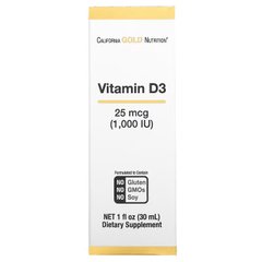 California Gold Nutrition, витамин D, 25 мкг (1000 МЕ), 30 мл (CGN-02048), фото