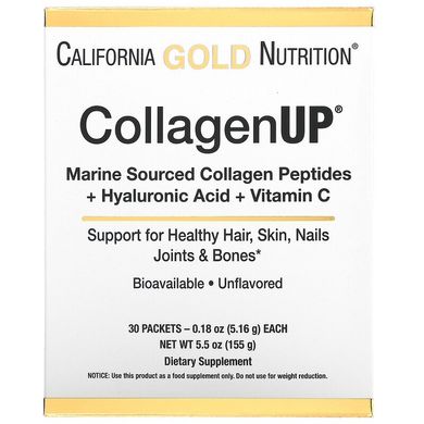 California Gold Nutrition, CollagenUP, морской гидролизованный коллаген с гиалуроновой кислотой и витамином C, без добавок, 30 пакетиков по 5,16 г каждый (CGN-01311), фото
