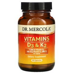 Dr. Mercola, вітаміни D3 та K2 (МК-7), 5000 МО/180 мкг, 90 капсул (MCL-01996), фото