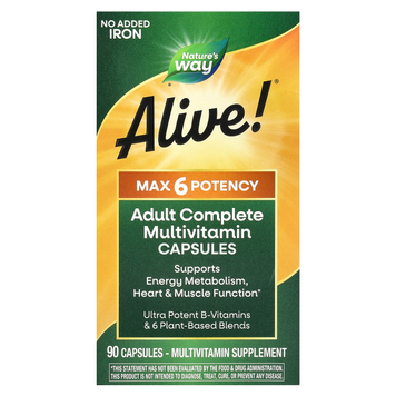 Мультивитамины для взрослых без добавленного железа Nature's Way Alive! Max6 Potency Adult Complete Multivitamin No Added Iron - 90 капсул, фото
