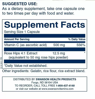 Витамин С с шиповником, Vitamin C with Rose Hips, Swanson, 500 мг, 100 капсул (SWV-01101), фото