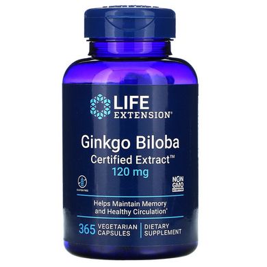 Life Extension, Ginkgo Biloba, Certified Extract, гинкго билоба, сертифицированный экстракт, 120 мг, 365 вегетарианских капсул (LEX-16583), фото