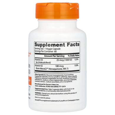 Вітамін K2 MK-7 + D3 Doctor's Best Vitamin K2 MK-7 with D3 - 60 капсул, фото
