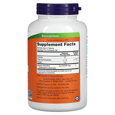 Now Foods, сертифицированная органическая спирулина, 1000 мг, 240 таблеток (NOW-02717), фото