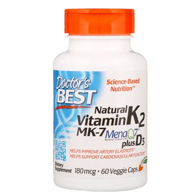 Doctor's Best, натуральний вітамін K2 MK-7 з MenaQ7 та вітаміном D3, 180 мкг, 60 вегетаріанських капсул (DRB-00404), фото