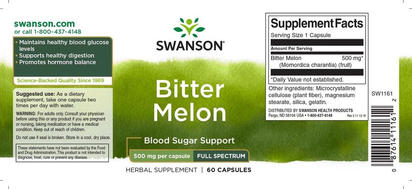 Горькая дыня, Bitter Melon, Swanson, 500 мг, 60 капсул (SWV-11161), фото