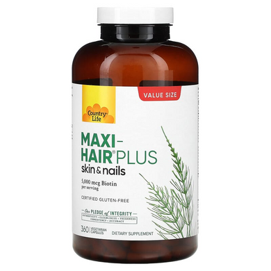 Country Life, Maxi-Hair Plus, для шкіри та нігтів, 5000 мкг, 360 вегетаріанських капсул (CLF-05048), фото