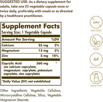 Solgar, Каприлова кислота, 360 мг, 100 рослинних капсул (SOL-00550), фото