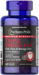 Puritan's Pride, Омега 3-6-9, олія льону та бораго, 60 капсул (PTP-10154), фото