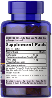 Ресвератрол, Resveratrol, Puritan's Pride, 250 мг, 60 гелевых капсул (PTP-27980), фото