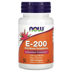 Витамин Е со смешанными токоферолами, Vitamin E, Now Foods, 200 МЕ, 100 гелевых капсул (NOW-00880), фото