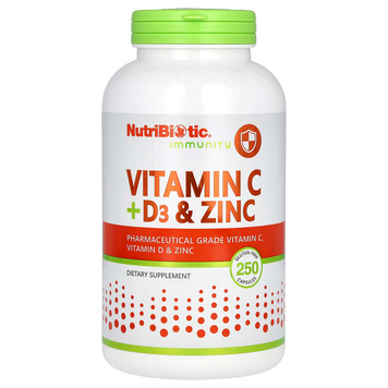 NutriBiotic, Immunity, вітаміни C+D3 та цинк, 250 капсул (NBC-00521), фото