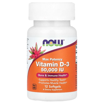 Витамин D3 50000 МЕ NOW Foods Vitamin D3 Maximum Strength - 12 мягких капсул, фото