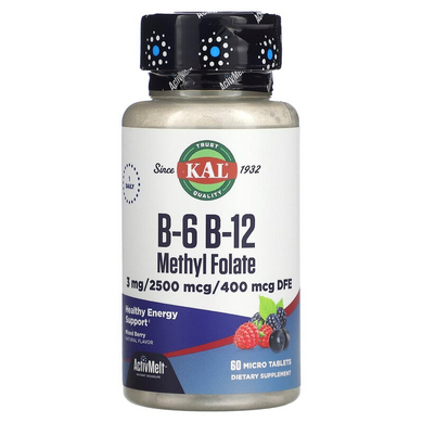 KAL, витамины В6, В12 и метилфолат, ягодное ассорти, 60 микротаблеток (CAL-29151), фото
