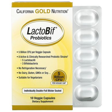 California Gold Nutrition, LactoBif, пробиотики, 5 млрд КОЕ, 10 растительных капсул (CGN-00964), фото