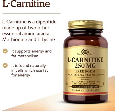 Л карнітин, L-Carnitine, Solgar, 250 мг, 90 капсул (SOL-00562), фото