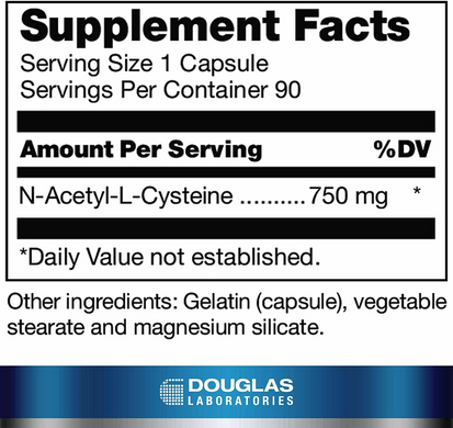 N-ацетил-L-цистеин, N-Acetyl-L-Cysteine, Douglas Laboratories, 750 мг, 90 капсул (DOU-00935), фото