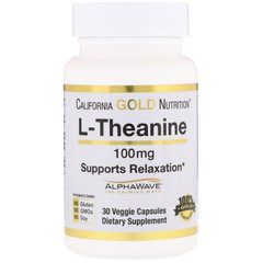 L-теанін, AlphaWave, California Gold Nutrition, сприяє розслабленню, заспокоєнню і концентрації, 100 мг, 30 вегетаріанських капсул (CGN-01244), фото