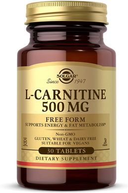 Solgar, L-карнітин, вільна форма, 500 мг, 30 таблеток (SOL-00570), фото
