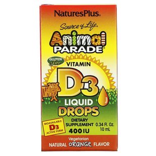 NaturesPlus, Source of Life, Animal Parade, витамин D3 в каплях, с натуральным апельсиновым вкусом, 400 МЕ, 10 мл (NAP-29941), фото