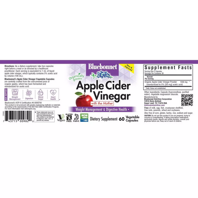 Яблочный уксус, Apple cider vinegar, Bluebonnet Nutrition, 60 вегетарианских капсул (BLB-00982), фото