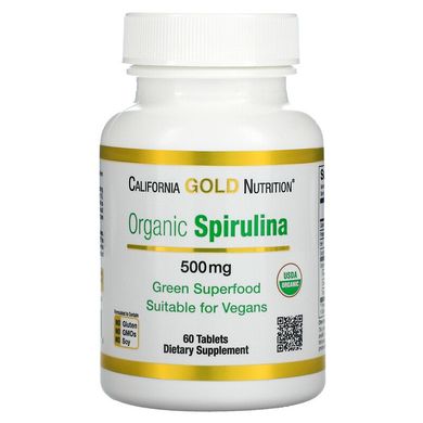 California Gold Nutrition, органічна спіруліна, сертифікат USDA Organic, 500 мг, 60 таблеток (CGN-01175), фото