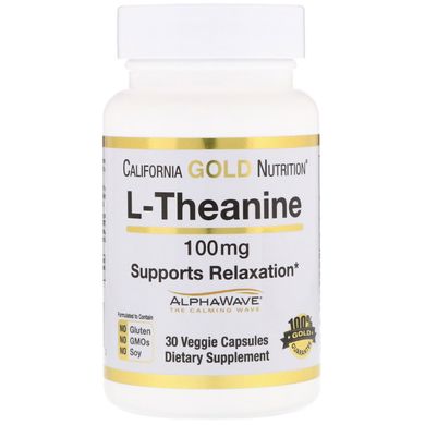 L-теанін, AlphaWave, California Gold Nutrition, сприяє розслабленню, заспокоєнню і концентрації, 100 мг, 30 вегетаріанських капсул (CGN-01244), фото