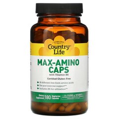 Country Life, Max-Amino, з вітаміном B-6, 180 вегетаріанських капсул (CLF-01496), фото