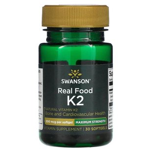 Swanson, Maximum Strength, Real Food K2, 200 мкг, 30 м'яких гелевих капсул (SWV-02906), фото