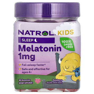 Natrol, Kids, жувальна добавка з мелатоніном, для дітей віком від 4 років, з малиновим смаком, 1 мг, 90 жувальних таблеток (NTL-07530), фото