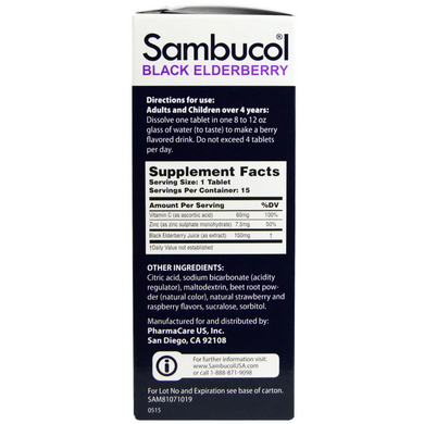 Sambucol, черная бузина, витамин C и цинк, 15 шипучих таблеток (SBL-00129), фото