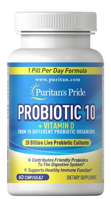 Puritan's Pride, Пробіотик-10 з вітаміном D, 20 млрд активних культур, 60 капсул (PTP-31643), фото
