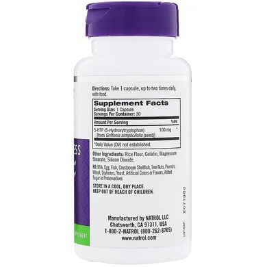 Natrol, 5-гідрокситриптофан, 100 мг, 30 капсул (NTL-04093), фото