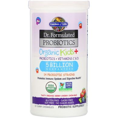 Garden of Life, Dr. Formulated Probiotics, Organic Kids +, со вкусом органических ягод и вишни, 30 вкусных жевательных таблеток (GOL-12119), фото