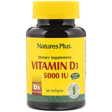 Nature's Plus, витамин D3, 125 мкг (5000 МЕ), 60 мягких желатиновых капсул (NAP-01047), фото