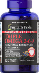 Puritan's Pride, Омега 3-6-9, олія льону та бораго, 120 капсул (PTP-10157), фото