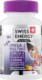 Swiss Energy, Мультивітаміни з Омега-3 та йодом, для дітей від 3 років, OMEGA-3 MULTIVIT kids, без цукру, для мозку, очей, імунної та нервової системи, 60 жувальних цукерок (SWE-32822), фото