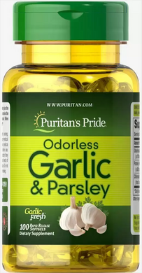 Часник і петрушка, Odorless Garlic & Parsley, Puritan's Pride, 500 мг / 100 мг, без запаху, 100 гелевих капсул (PTP-12850), фото