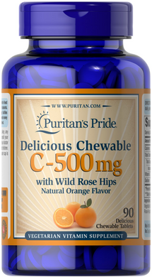 Вітамін С з шипшиною, Vitamin C, Puritan's Pride, смак апельсина, 500 мг, 90 жувальних таблеток (PTP-13880), фото