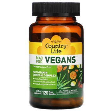 Country Life, Max for Vegans, Мультивітамінний та мінеральний комплекс, 120 веганських капсул (CLF-08107), фото