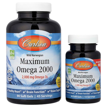 Carlson Labs, Максимум Омега 2000, натуральный вкус лимона, 2,000 мг, 90 + 30 мягких гелевых капсул (CAR-17240), фото
