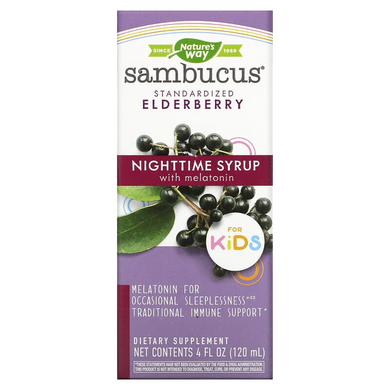 Nature's Way, Sambucus for Kids, стандартизованный сироп для улучшения ночного сна из ягод бузины с мелатонином для детей, 120 мл (NWY-12822), фото