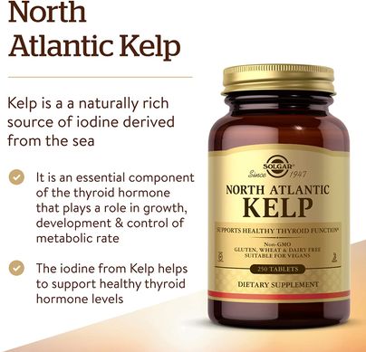 Ламінарія йод, Kelp, Solgar, північно-атлантична, 250 таблеток (SOL-01500), фото